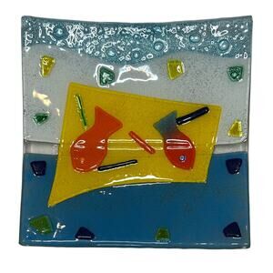 New Handcrafted Fused Art Glass Plate With Fish Pattern Dish, Ocean, Coastal
